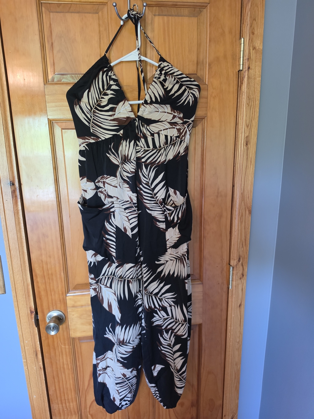 Black Tropical Print Halter Jumpsuit